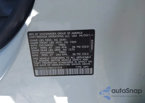 2021 Volkswagen Atlas Cross Sport 3.6L V6 Se W/Technology из США, поврежденный, VIN 1V2WE2CA7MC227278